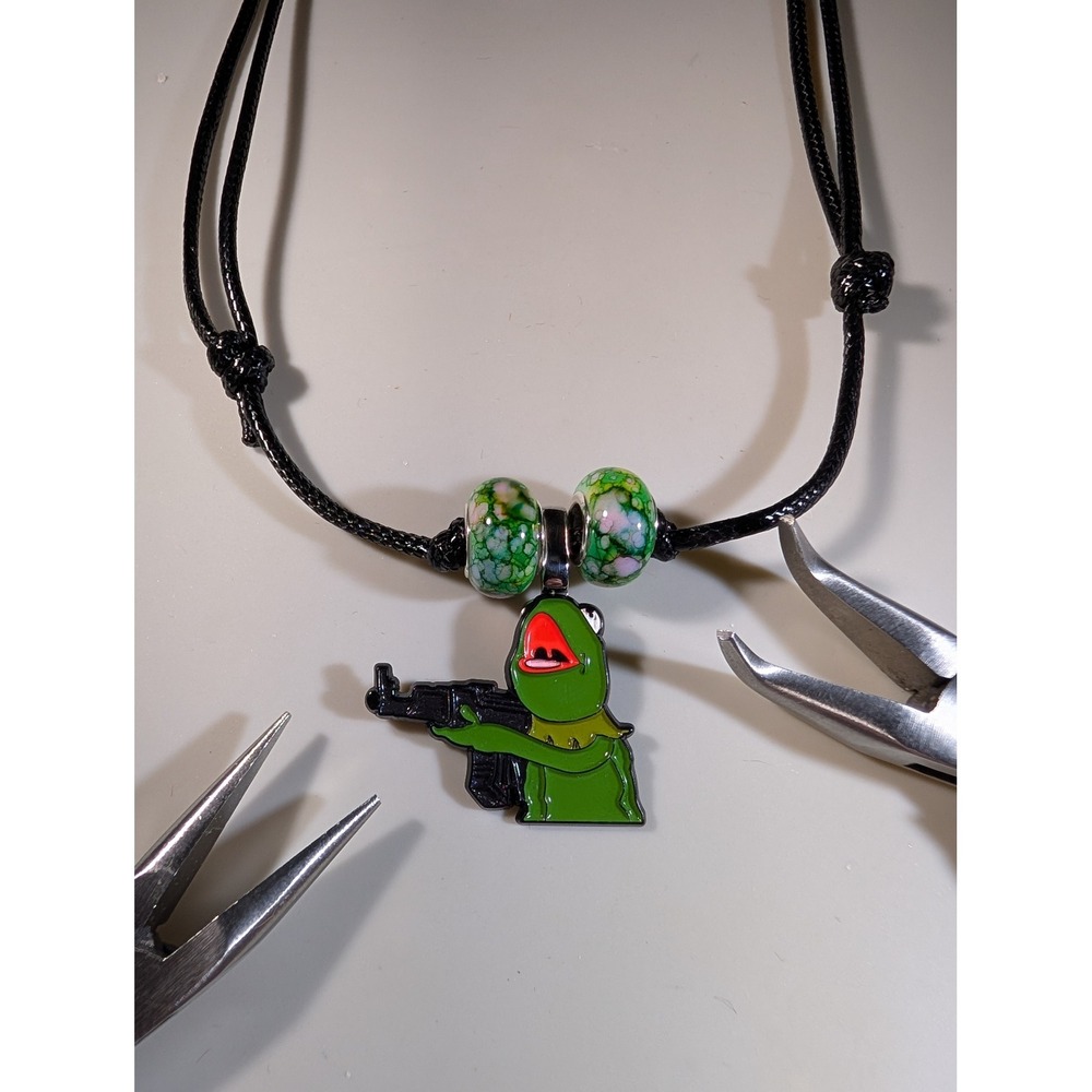 Kermit with a Gun Meme Enamel Pin Necklace Adjustable Cord Green Frog Charm